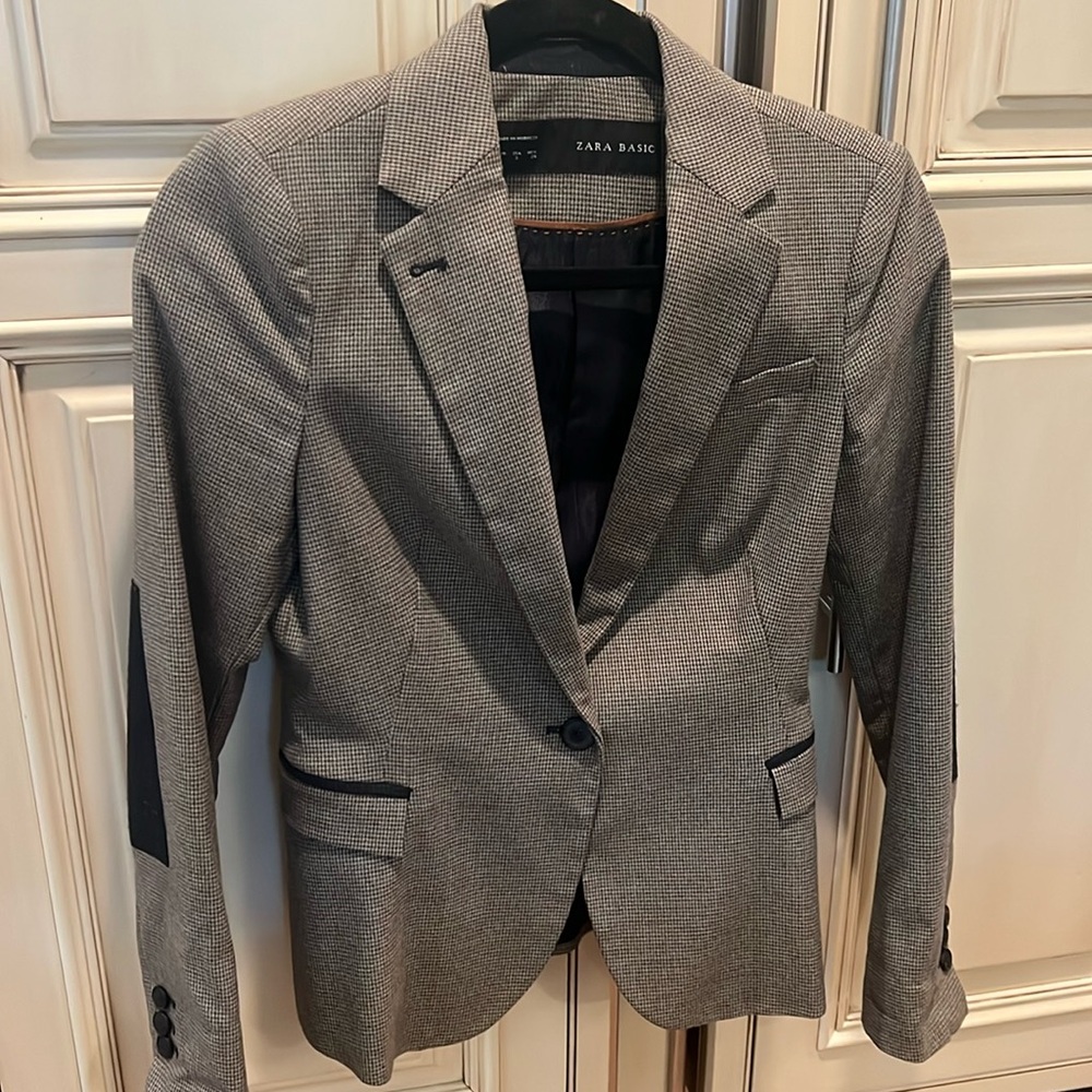 Zara Basic navy houndstooth blazer - riding style with elbow patches